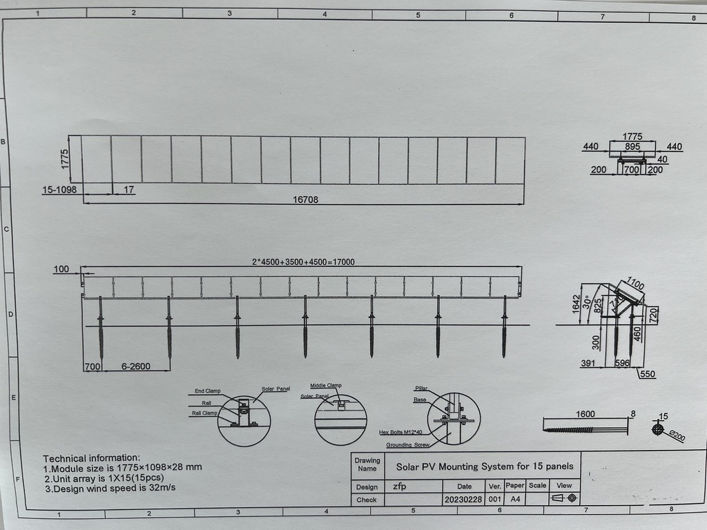 Structure sol à visser pour 15 panneaux